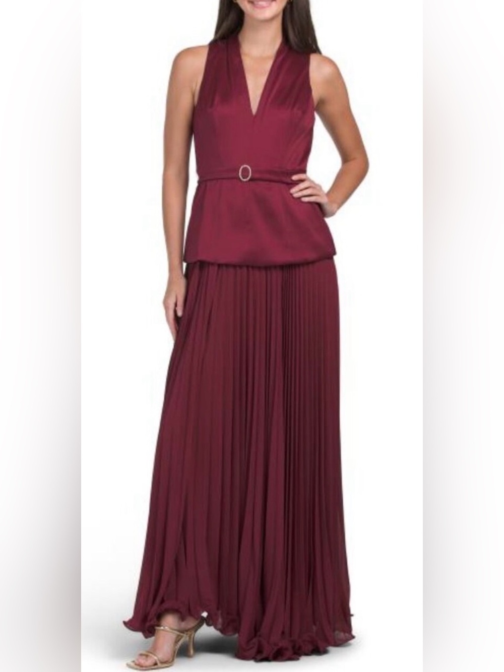 Taylor V Neck belted winePleated Maxi Dress